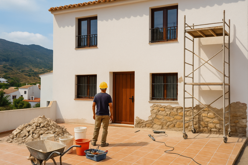 Reforma de vivienda en Vera Playa — albañil reparando la fachada blanca de una casa mediterránea con tejas de barro y andamios.